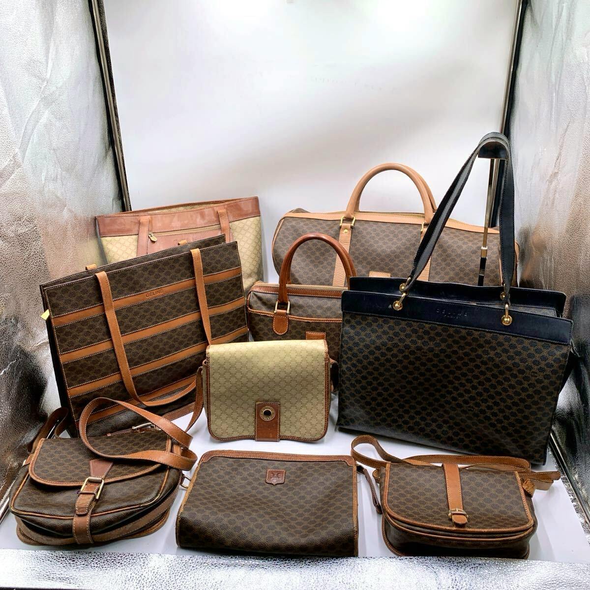 Nine CELINE canvas bags with macadam pattern and leather trim arranged together on a white background.