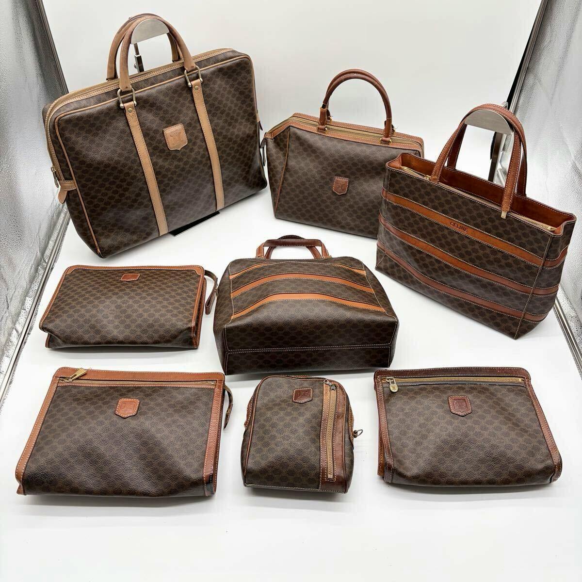 Eight brown CELINE macadam-patterned bags and pouches arranged on a white background, showing the full set.