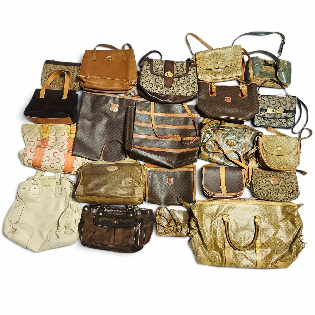 Overhead photo of a large assortment of CELINE bags and purses arranged on a white background, showing many tote, shoulder, and crossbody styles.