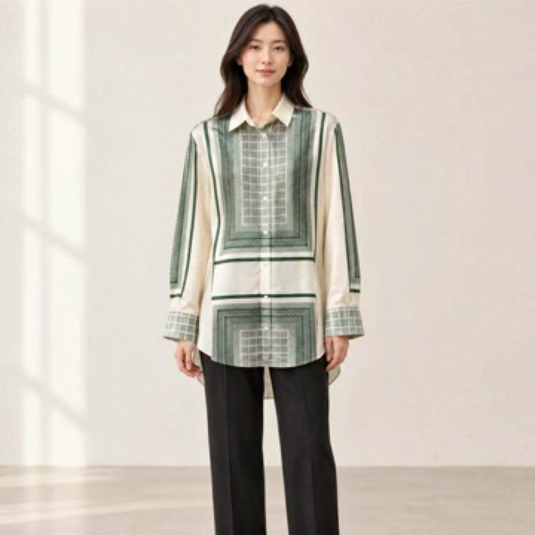 Front view of a model wearing the CELINE vintage silk-blend patterned long-sleeve shirt.