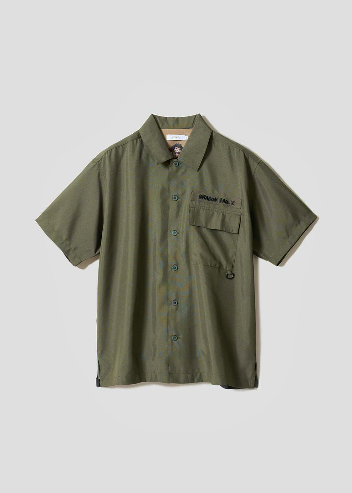 Front view of the olive-green short-sleeve T-shirt (button-up style) showing the chest pocket and buttons.