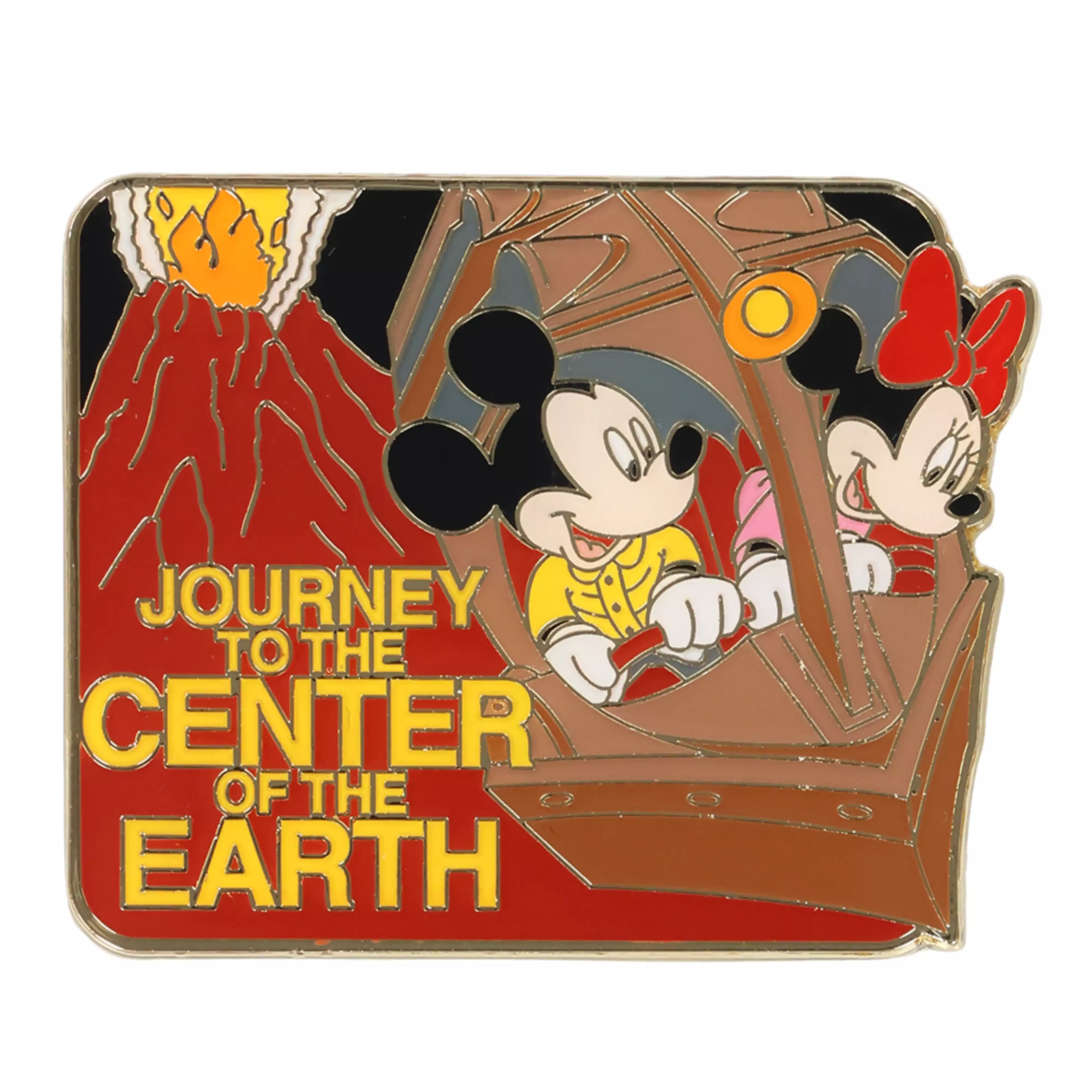 Rectangular pin badge showing two cartoon mice riding in a vehicle by a volcano with the text “JOURNEY TO THE CENTER OF THE EARTH.”