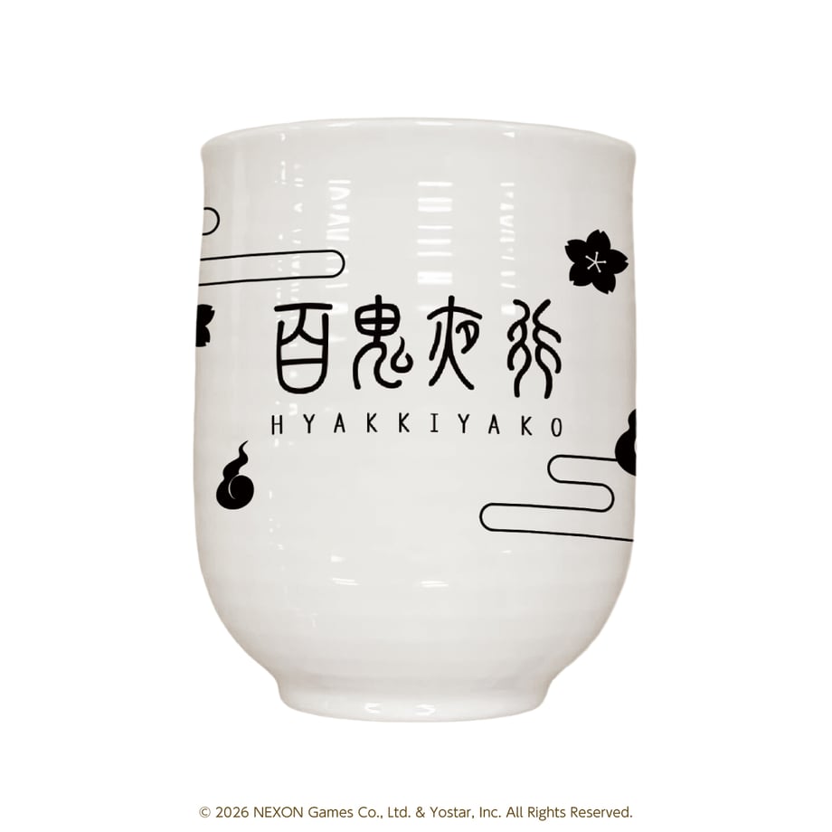 A white ceramic yunomi cup showing black floral and stylized cloud motifs and the text "HYAKKIYAKO" on its side.