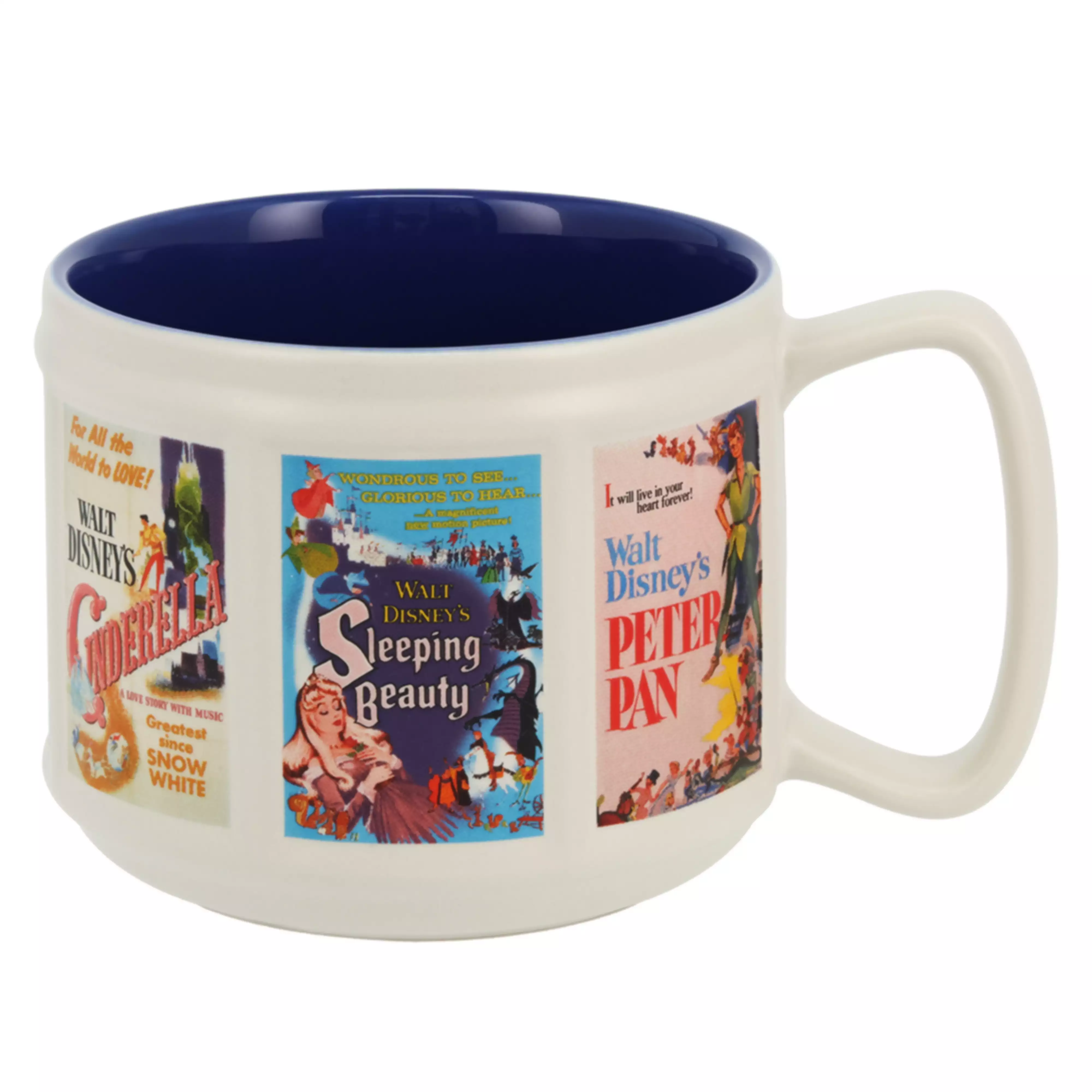White ceramic mug with a blue interior and printed vintage Walt Disney movie poster designs (Cinderella, Sleeping Beauty, Peter Pan).