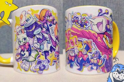 Two white ceramic mugs with colorful character artwork and yellow handles shown side by side.