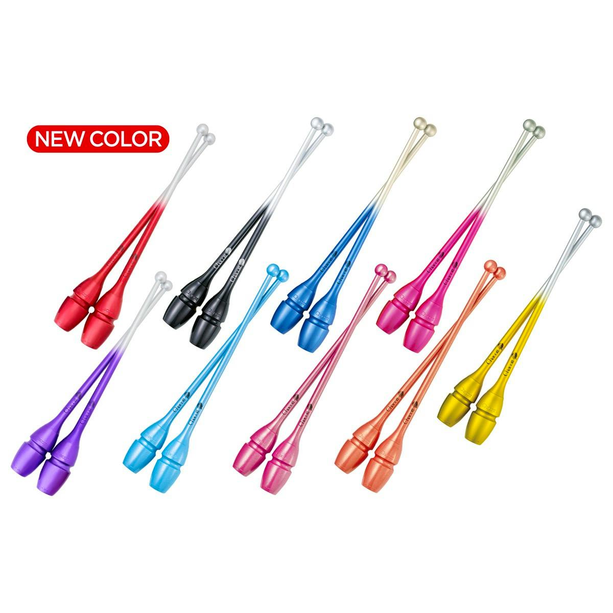 Multiple pairs of rhythmic gymnastics clubs in various colors arranged on a white background.