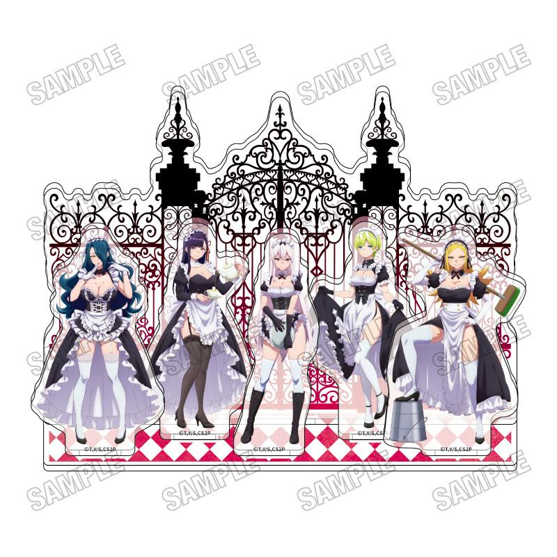Front view of the acrylic diorama decorative stand showing five anime-style female characters in maid outfits arranged in front of an ornate gate backdrop.