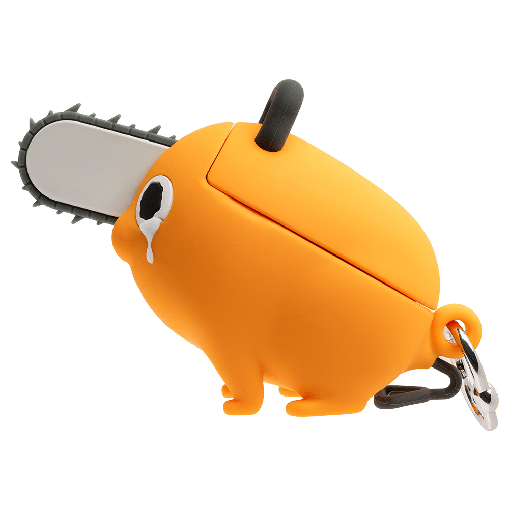 Orange figure-type AirPods Pro case in the shape of Pochita from Chainsaw Man, showing the chainsaw blade, eye detail, and a metal keyring.