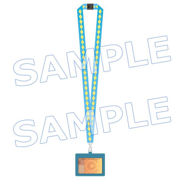 Pass case and card set featuring a blue and yellow patterned lanyard attached to a teal pass case holding an orange card.