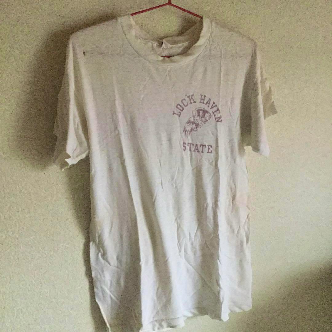 Front view of the vintage Champion T-shirt hanging on a hanger showing the "Lock Haven State" chest print and visible wear and wrinkles.