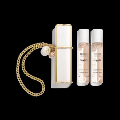 White and gold purse spray case on a chain with two Coco Mademoiselle Eau de Parfum purse spray vials.