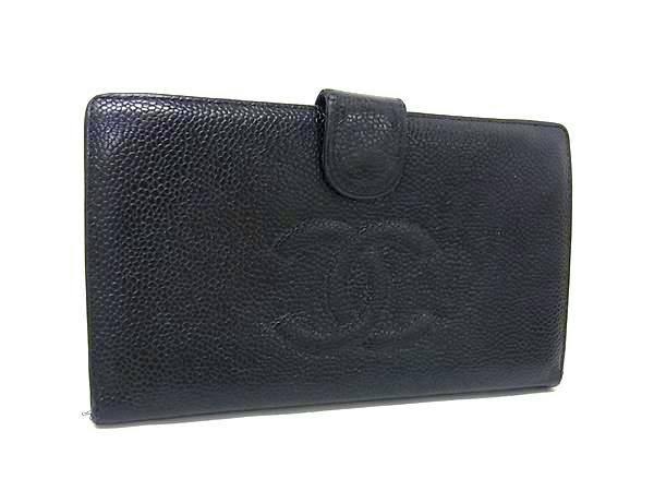 Black Chanel caviar leather long bi-fold wallet with embossed CC logo on the front and a snap tab closure.