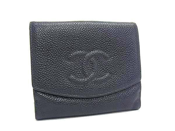 Front view of a black CHANEL caviar leather bi-fold wallet showing the embossed interlocking CC logo.