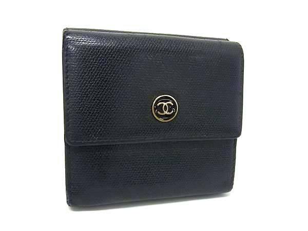 Black CHANEL three-fold leather wallet with CC (coco) button logo on the front.
