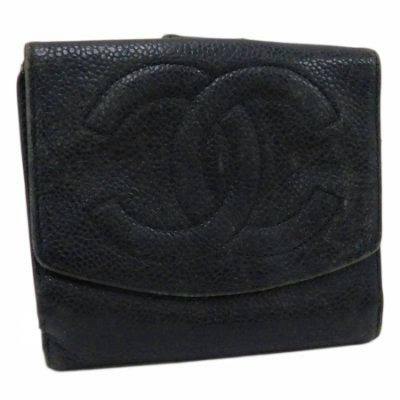Front view of a black cow leather Chanel W-hook bifold wallet showing the embossed interlocking CC logo.