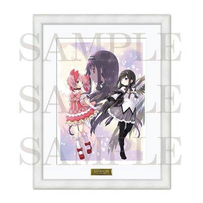 Framed art print showing two chibi-style characters in pink and black outfits with a larger character profile behind, displayed in a white frame with a gold nameplate and a visible "SAMPLE" watermark.