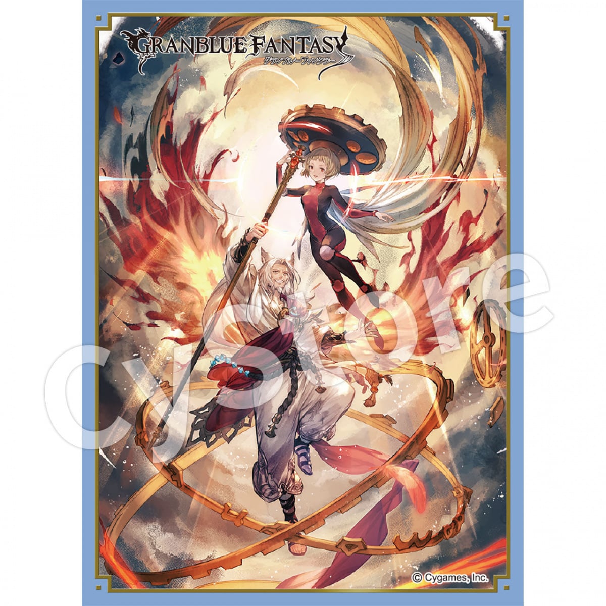 Front design of the card sleeve showing Granblue Fantasy character artwork with a blue border and a visible sample watermark.