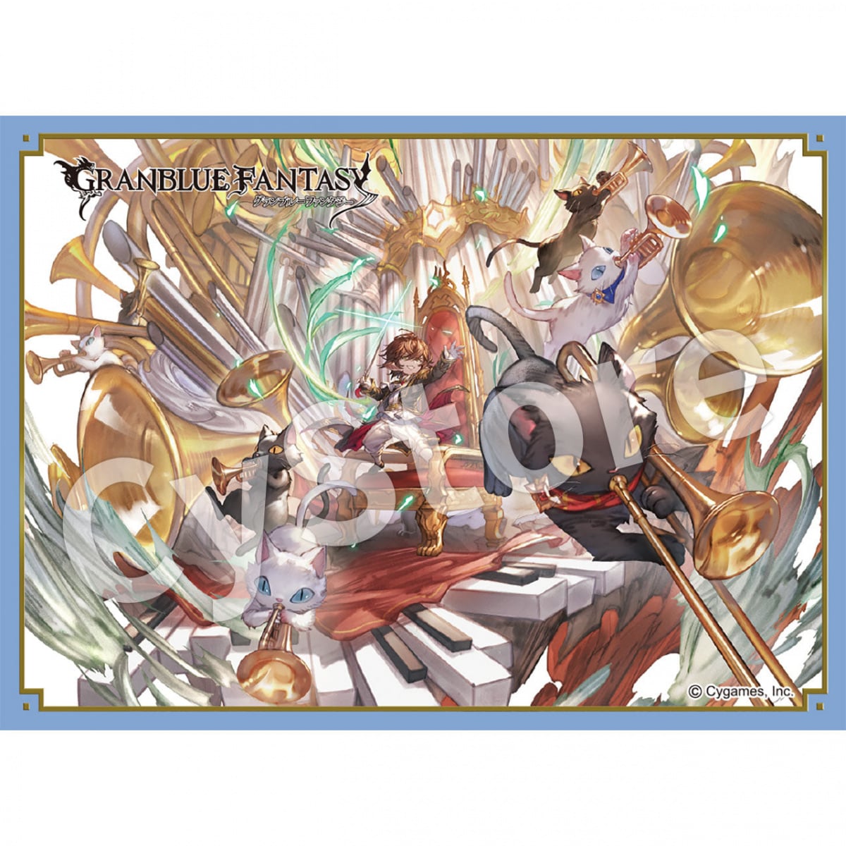 Card sleeve image showing Granblue Fantasy artwork featuring the character カッツェリーラ with musical instruments and cats.