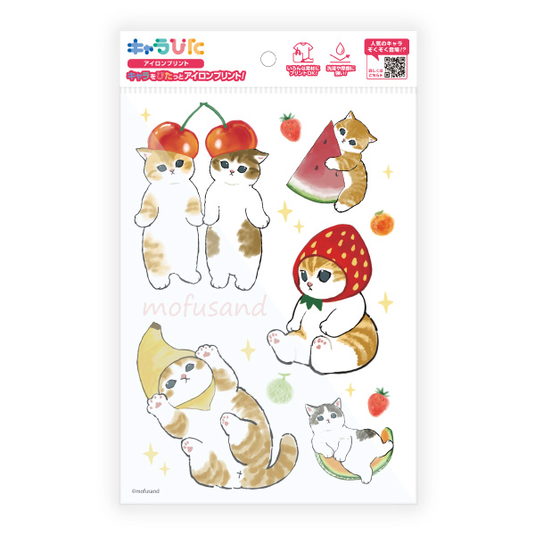 Packaged iron-on decal sticker sheet showing multiple 'mofusand' cat character designs with cherries, watermelon, strawberry, and banana motifs.