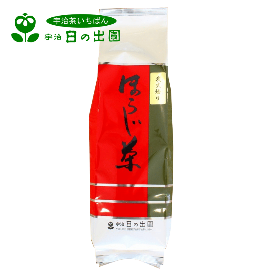 A sealed package of hojicha (charcoal-roasted green tea) in red and green foil packaging with the brand logo.
