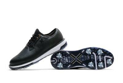 Black synthetic leather shoes shown from the side with one shoe turned to display the spiked sole.