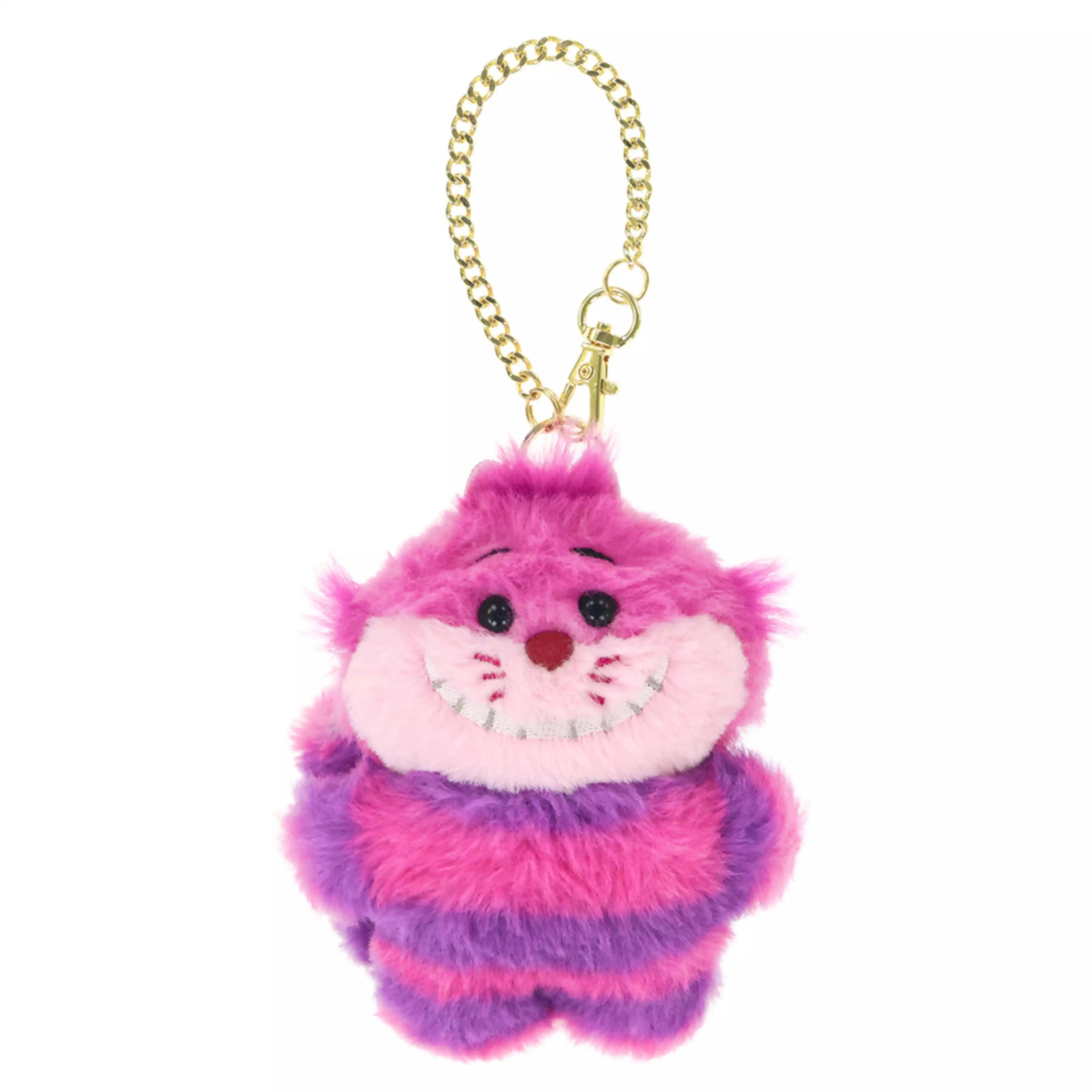 Pink and purple Cheshire Cat plush charm keychain with a gold chain and clasp.