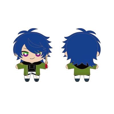 Front and back illustrations of the plush keychain showing a blue‑haired chibi character in a green jacket.