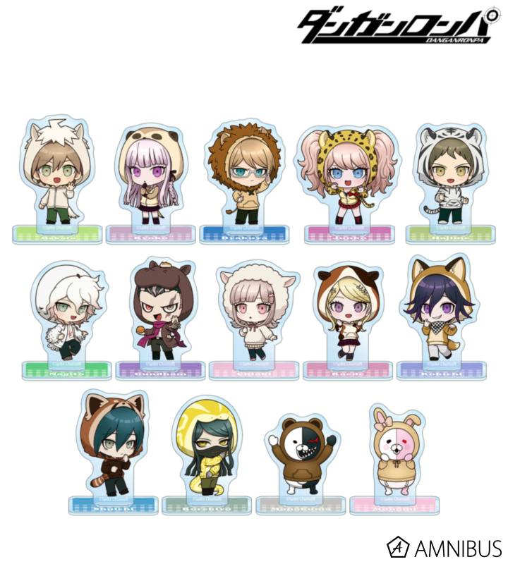 Multiple chibi-character acrylic stands wearing animal hoodies arranged in rows on a white background, showing each character and their bases.