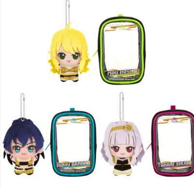 Three plush character keychains and three clear-front pouches; the Shijou Takane plush and pink-accent pouch are at the right.
