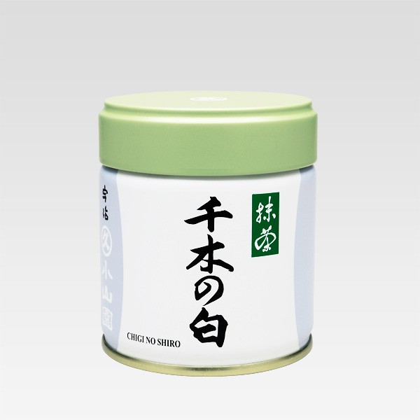 A white and light-green tin of matcha green tea labeled 千木の白 (Chigi no Shiro).
