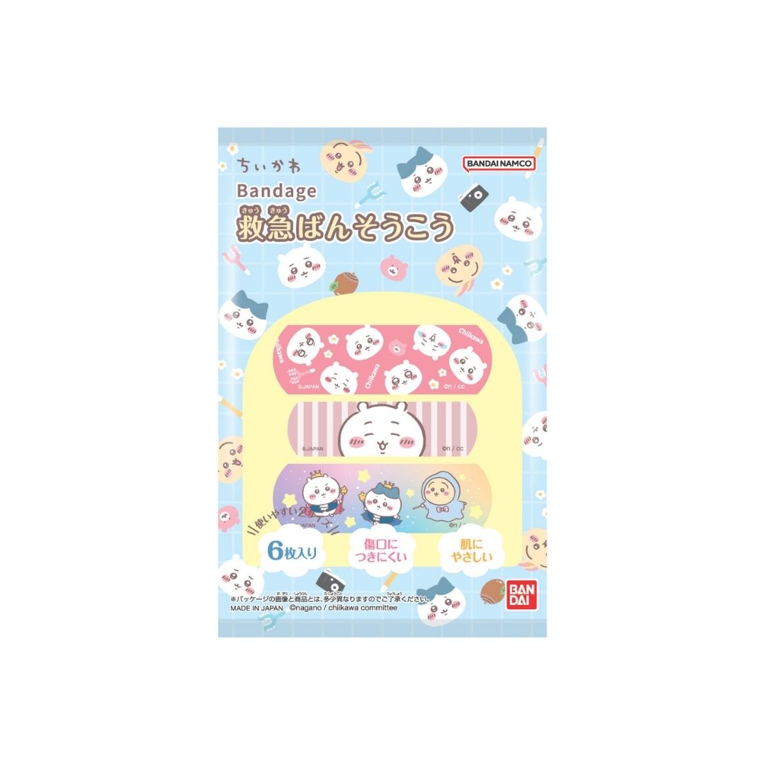 Front photo of the Chiikawa adhesive bandage package showing six illustrated bandages with character designs.
