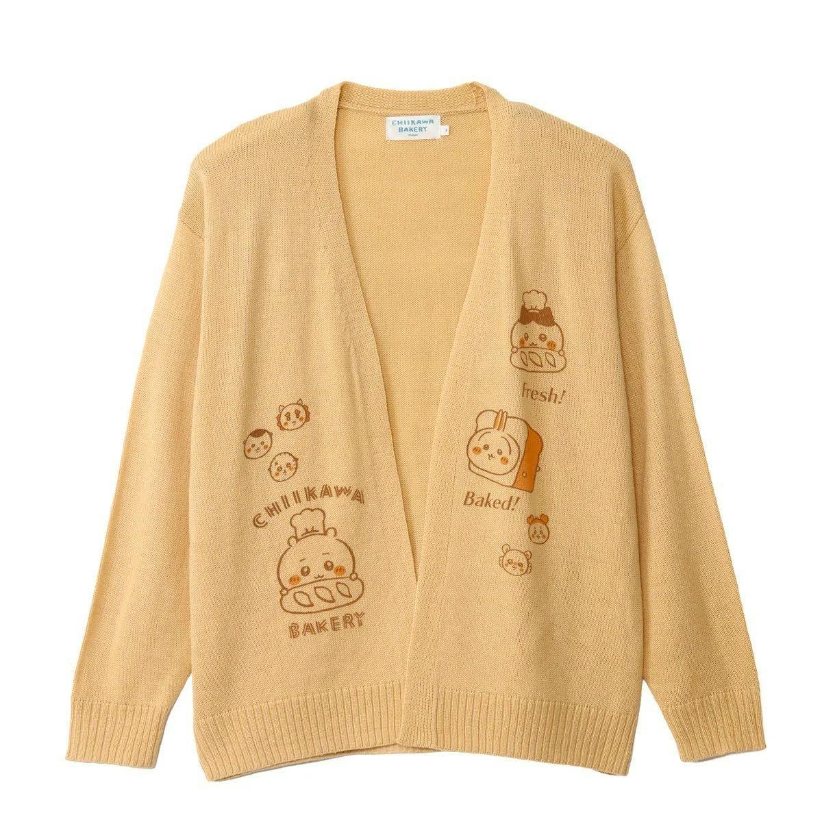 Beige Chiikawa Bakery knit cardigan shown flat with printed character and bread designs on the front.