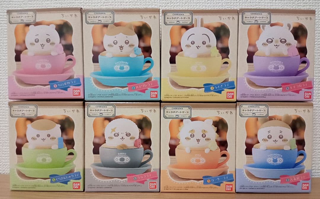 Eight unopened キャラテアートケース ちいかわ boxes (complete set of 8) arranged in two rows showing the front artwork.