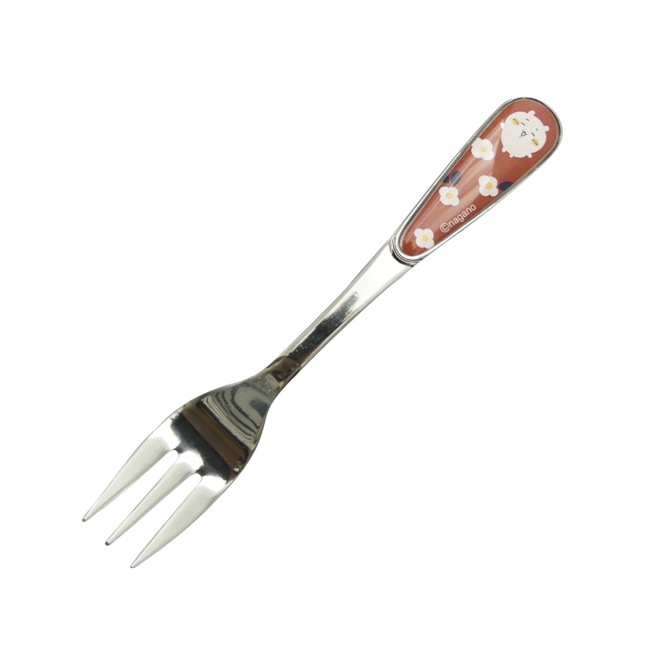 A metal fork with a decorative brown handle featuring a Chiikawa character and small flowers.
