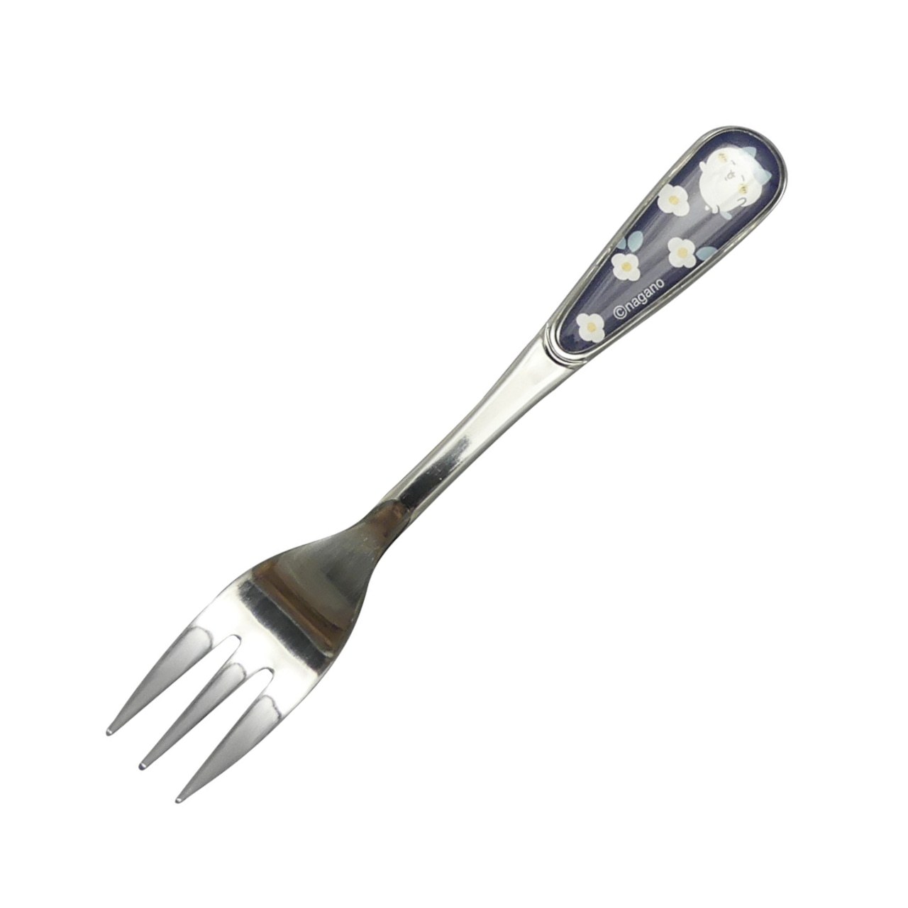 Metal fork with a decorative handle featuring the Chii-kawa (Hachiwre) character and small white flower motifs.