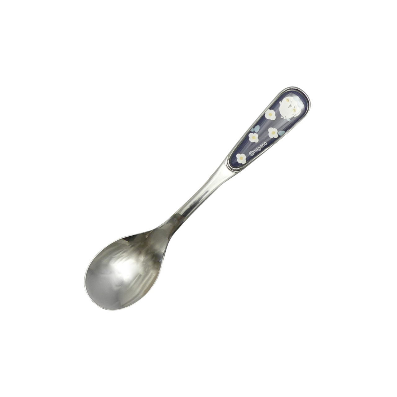 A metal spoon with a decorative handle showing a Chii-kawa (Hachiwari) character and flower motifs on a white background.