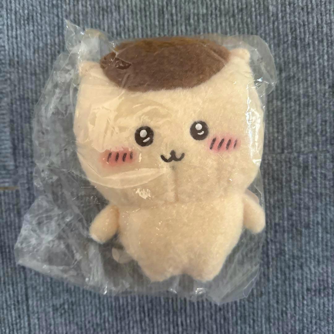 Front view of the ちいかわ ほわほわぬいぐるみS (立ちポーズくりまんじゅう) plush sealed in plastic showing its face.