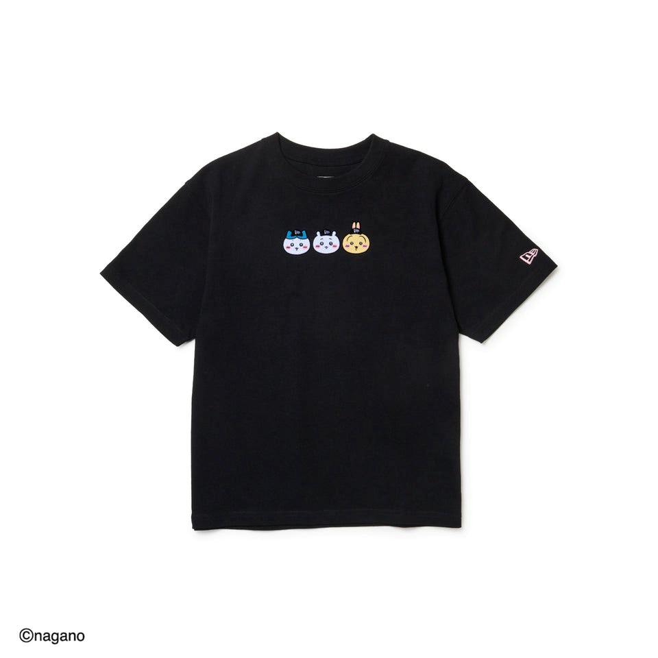 Black youth short-sleeve cotton T-shirt laid flat showing three small ちいかわ character faces printed across the chest.