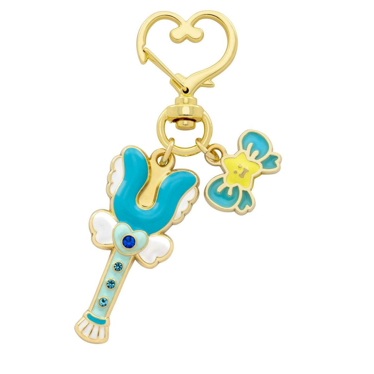 Metal Chiikawa Magical Stick keychain charm (Hachiware) showing a blue magical stick and a small star charm hanging from a gold heart clasp.