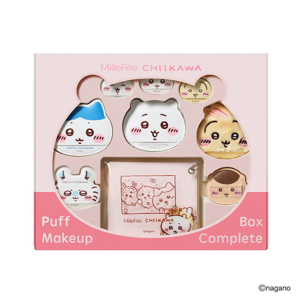 Pink boxed set showing the Chikawa powder puff complete box with character-shaped powder puffs and a small pouch visible through the window.