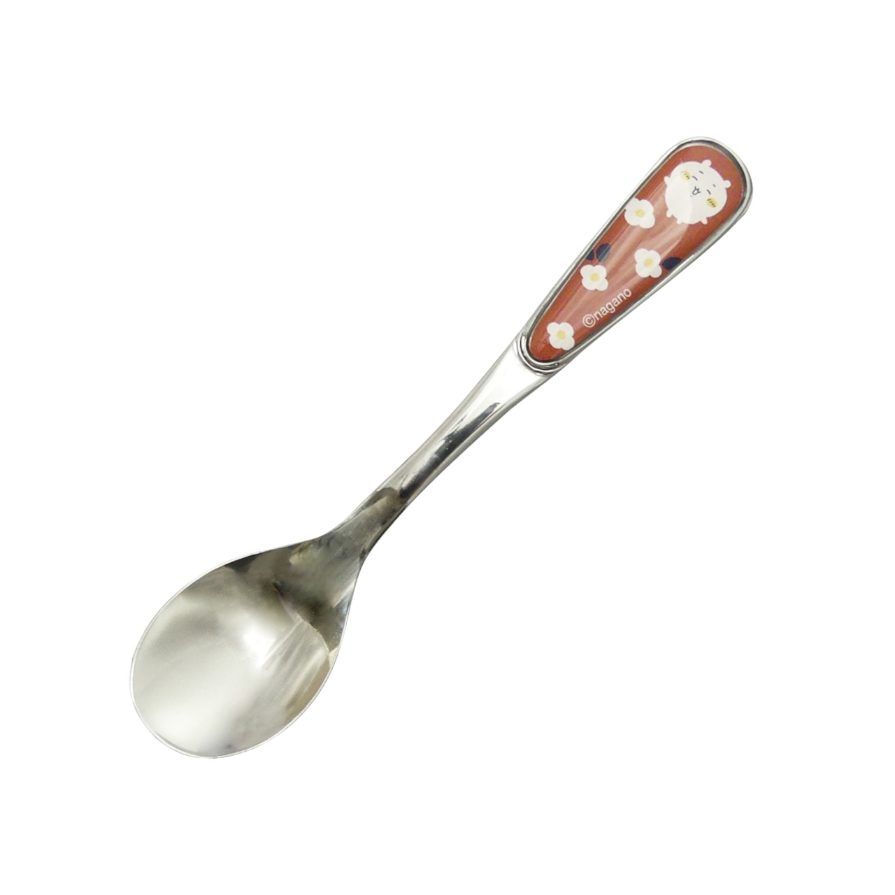 A metal spoon showing a Chiikawa character design on the handle.
