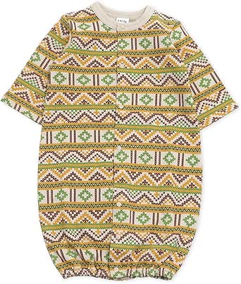 Front view of the chil2 long sleeve two-way romper coverall for babies with a full yellow-green geometric pattern.