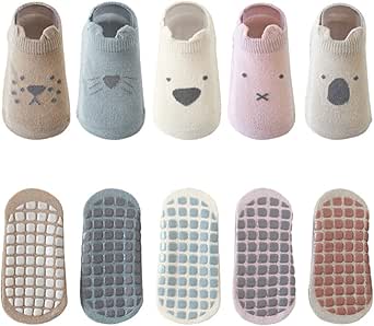 Five children's ankle anti-slip cotton socks in pastel colors with animal face designs, shown with their non-slip soles.