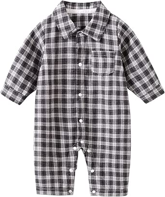 A long-sleeve, collared cotton child's romper in black-and-white plaid with front buttons and snap closures at the crotch.