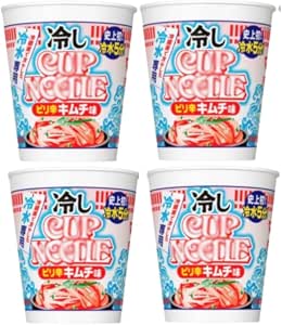 Four cups of Cup Noodle instant noodles (chilled, spicy kimchi flavor) shown in their packaging.
