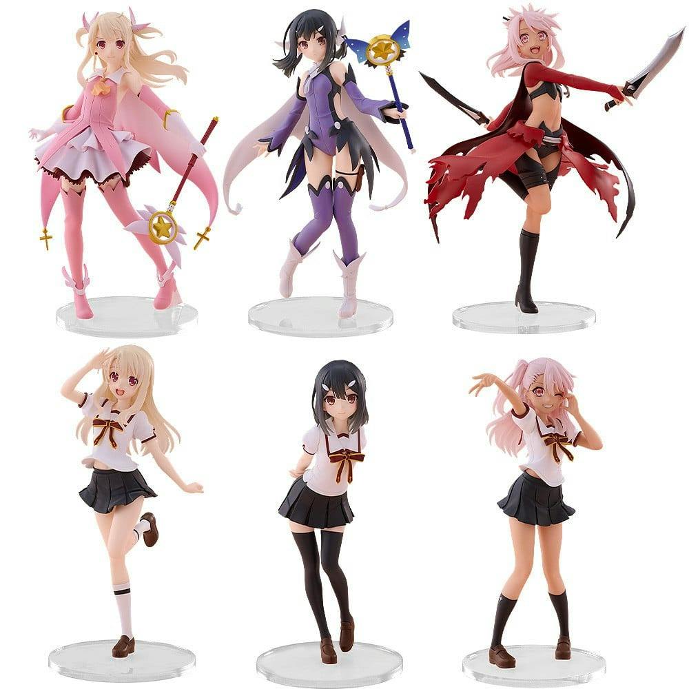 Six plastic figures from the listed Fate/kaleid liner プリズマ☆イリヤ movie set shown on clear round display bases, arranged in two rows.