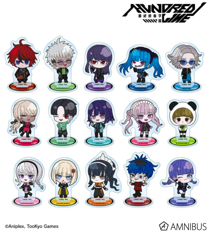 Display of multiple chibi-character acrylic stand designs arranged in rows, each shown on a colored round base.