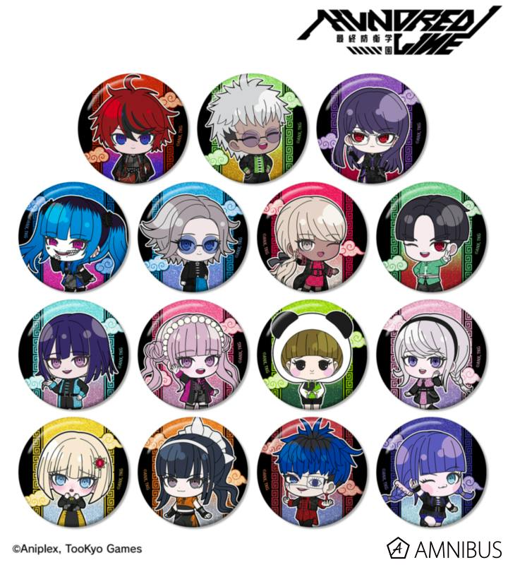 Sixteen round glitter chibi-character can badges arranged in a grid showing different designs with the AMNIBUS logo.