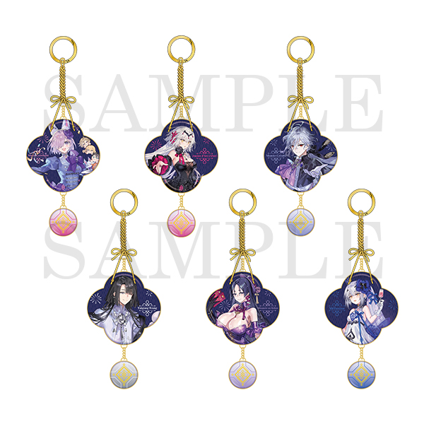 Six resin keychain charms with Chinese-knot style cords and illustrated character designs on a white background.
