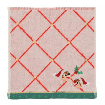 Pink square polyester mini handkerchief with a diagonal lattice pattern and Chip and Dale wearing Santa hats near the bottom corner with a green decorative border.